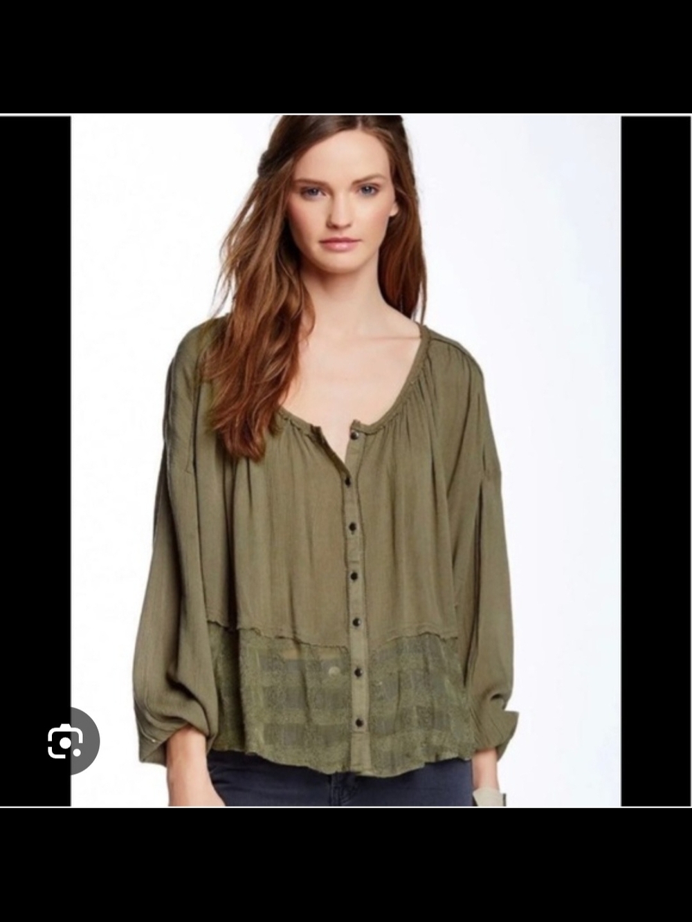 Free People Olive Green Button-Front Peasant Blouse